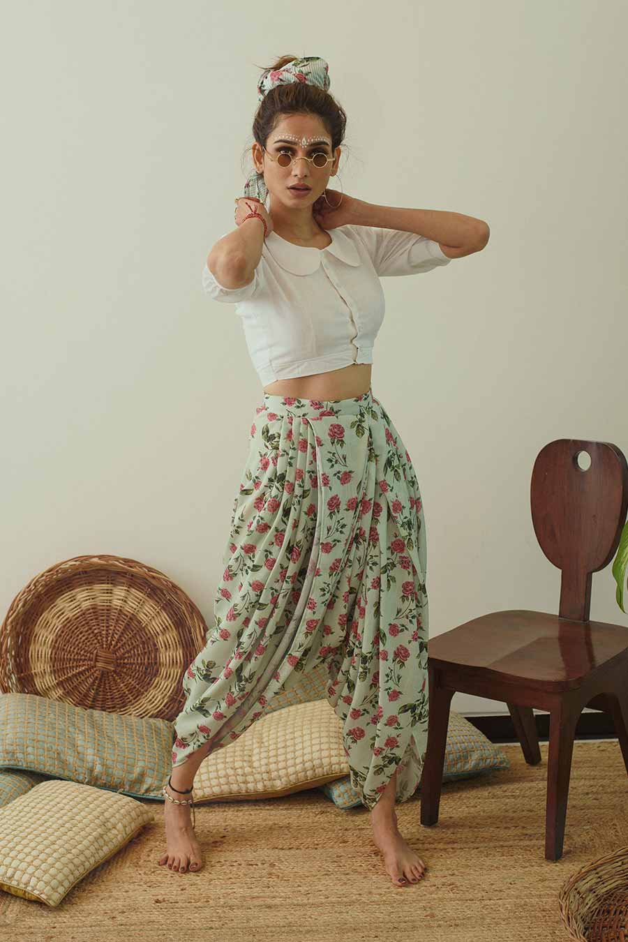 Sage Floral Dhoti Pants