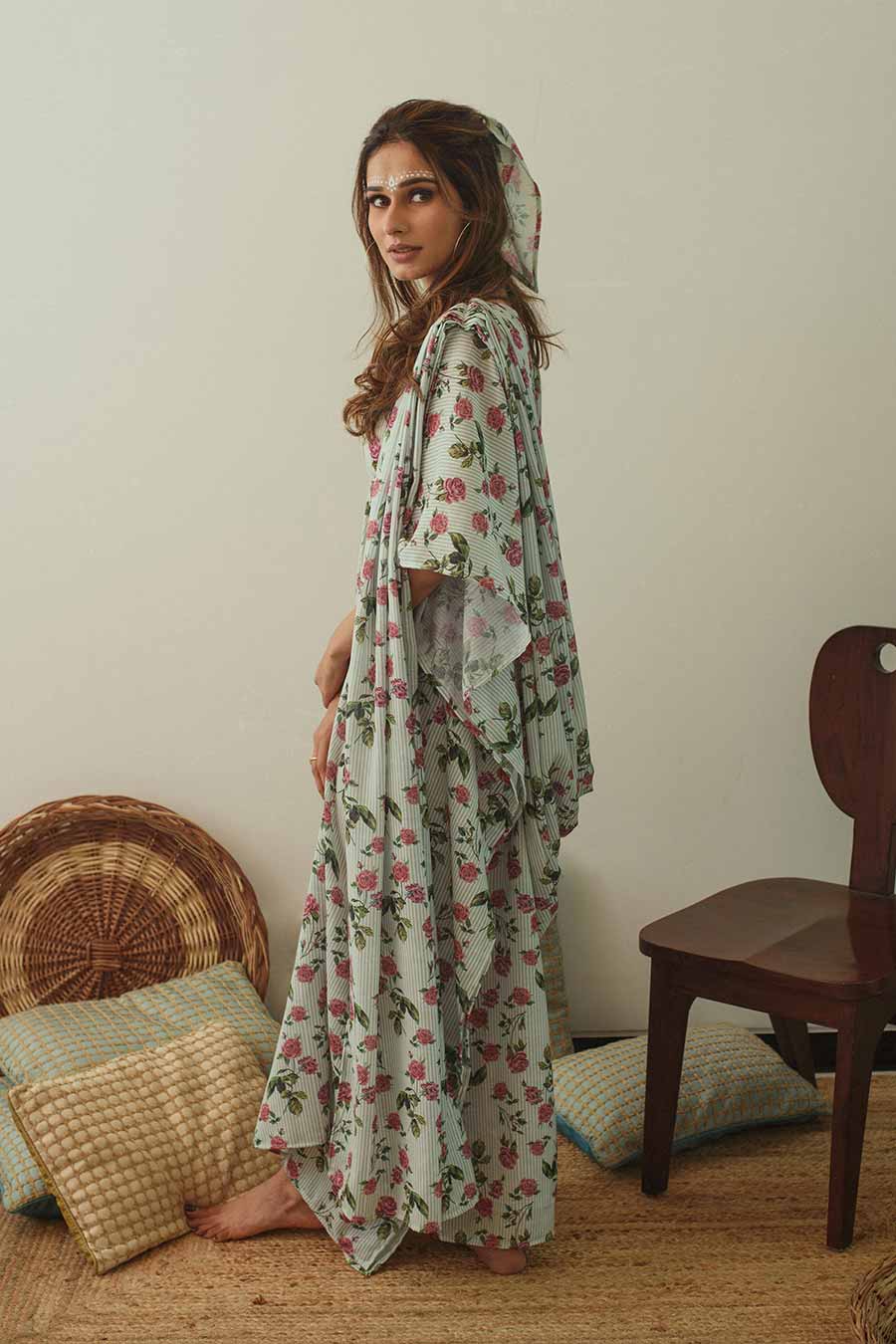 Sage Floral Kaftan Saree