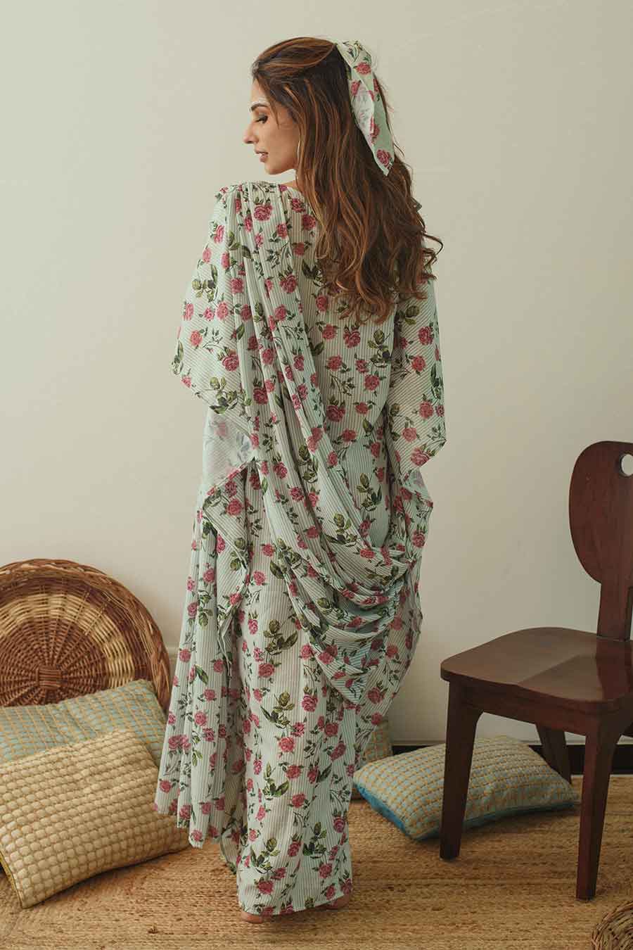 Sage Floral Kaftan Saree