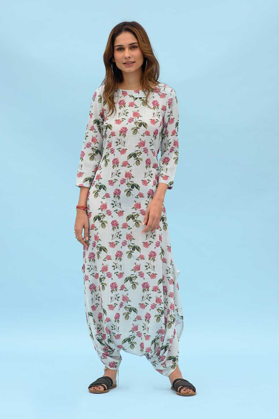 Sage Striped Floral Dhoti Jumpsuit