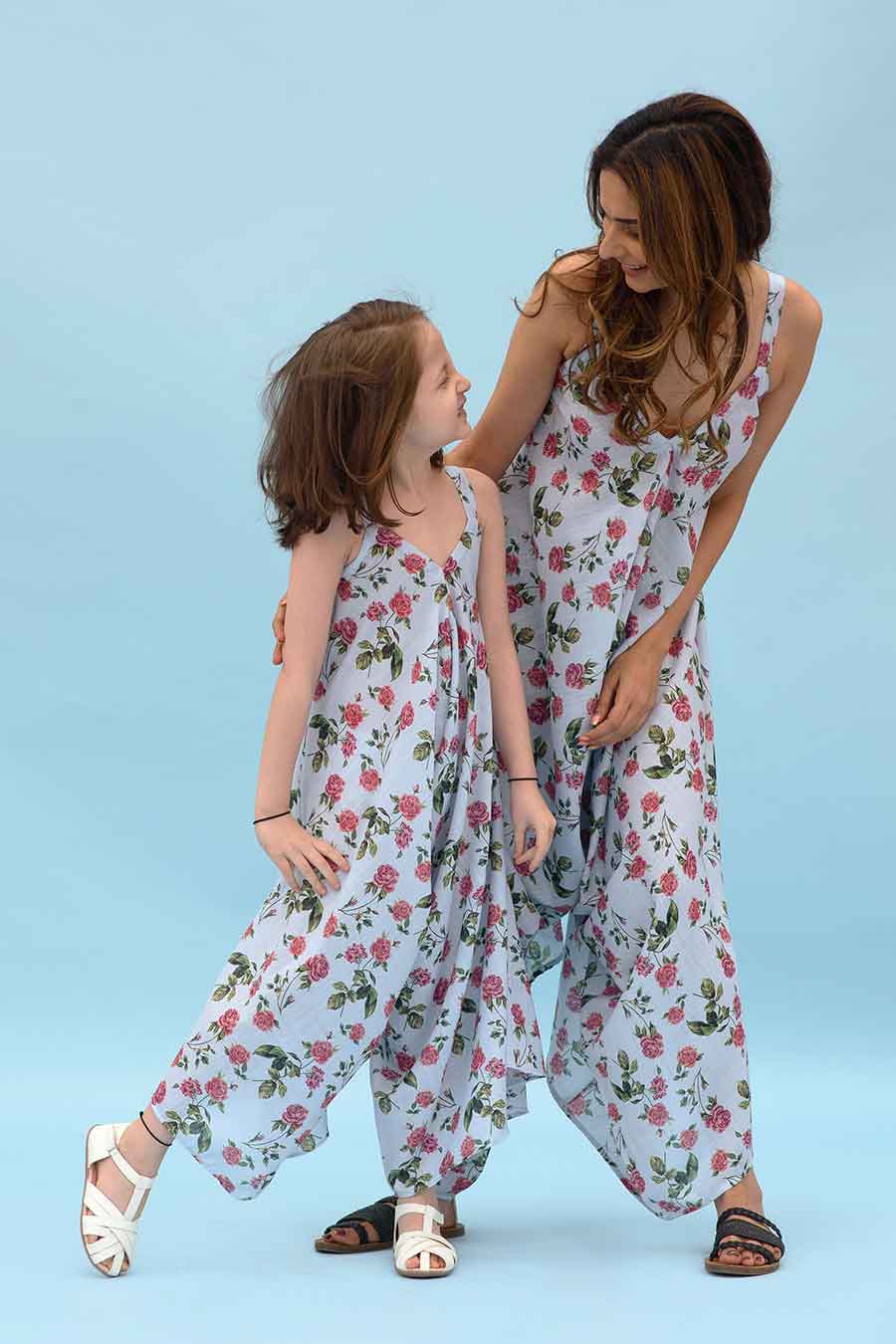 Blue Floral Palazzo Jumpsuit Mother Daughter Set