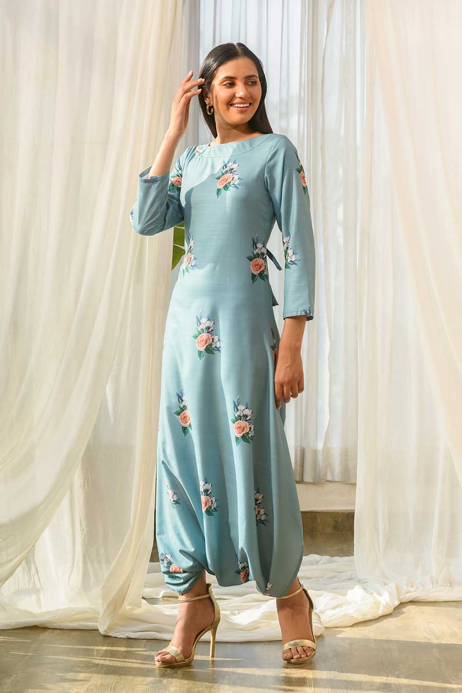 Teal Printed Dhoti Jumpsuit