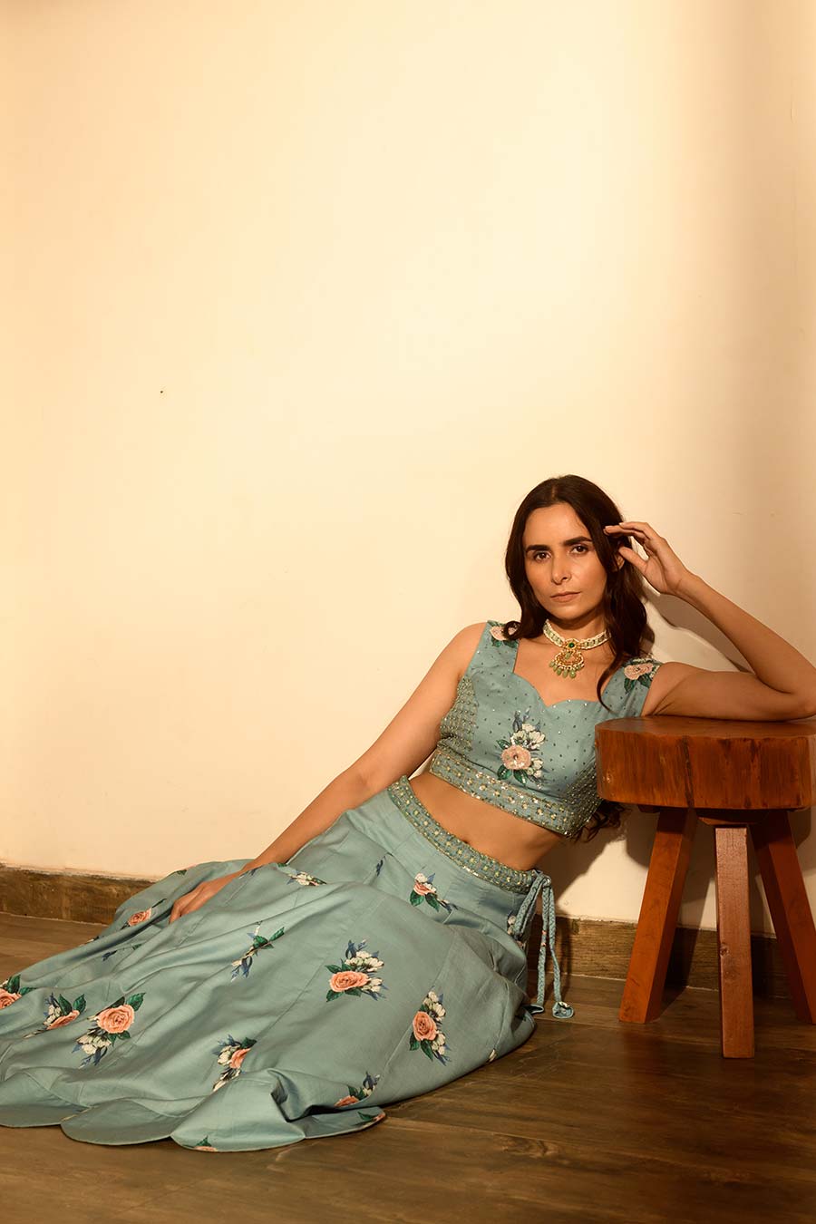 Teal Sequins Kali Lehenga Set