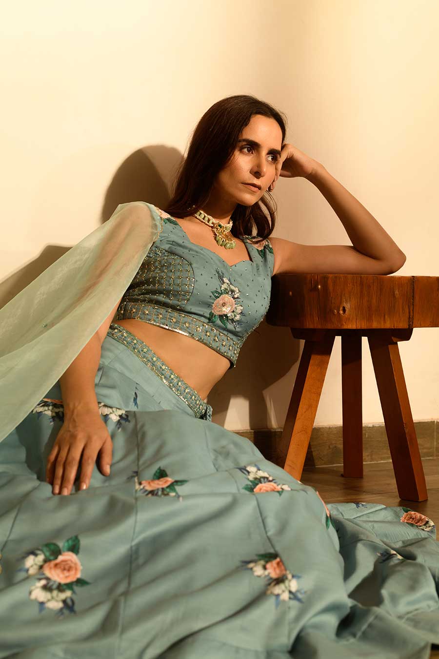 Teal Sequins Kali Lehenga Set