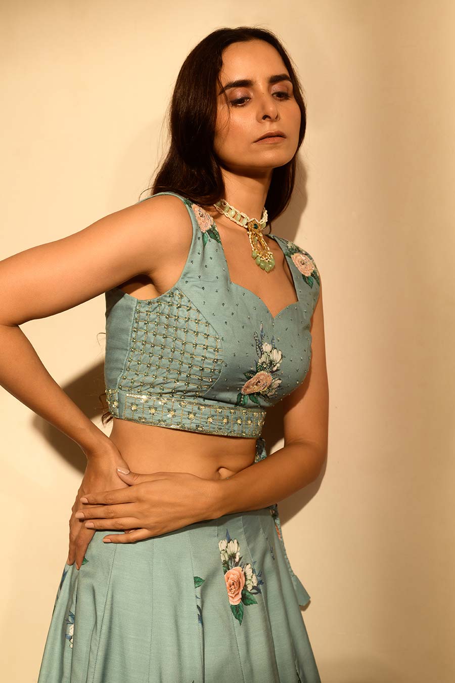 Teal Sequins Kali Lehenga Set