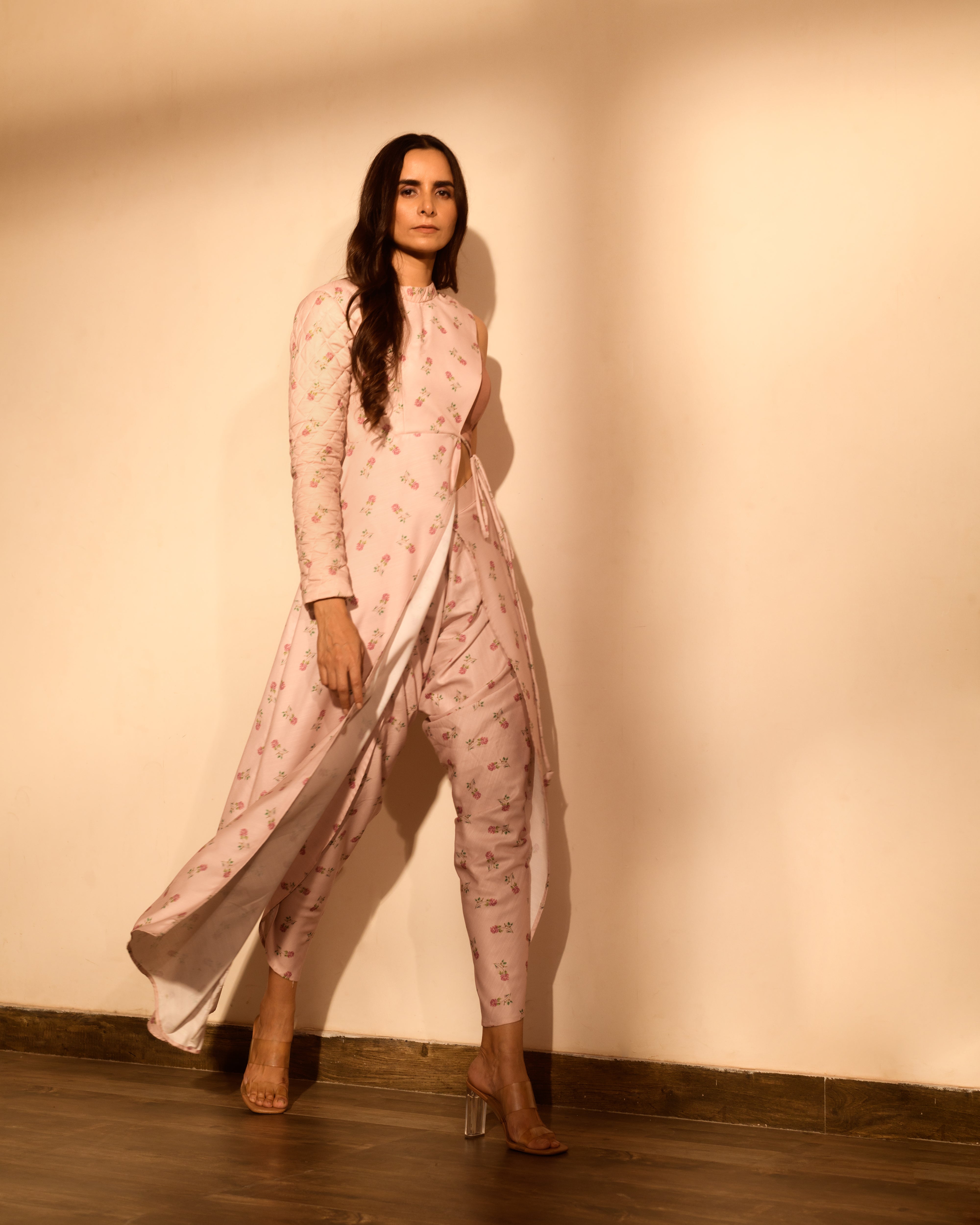 Pink Half Kurta, Bralette & Dhoti Pants Set