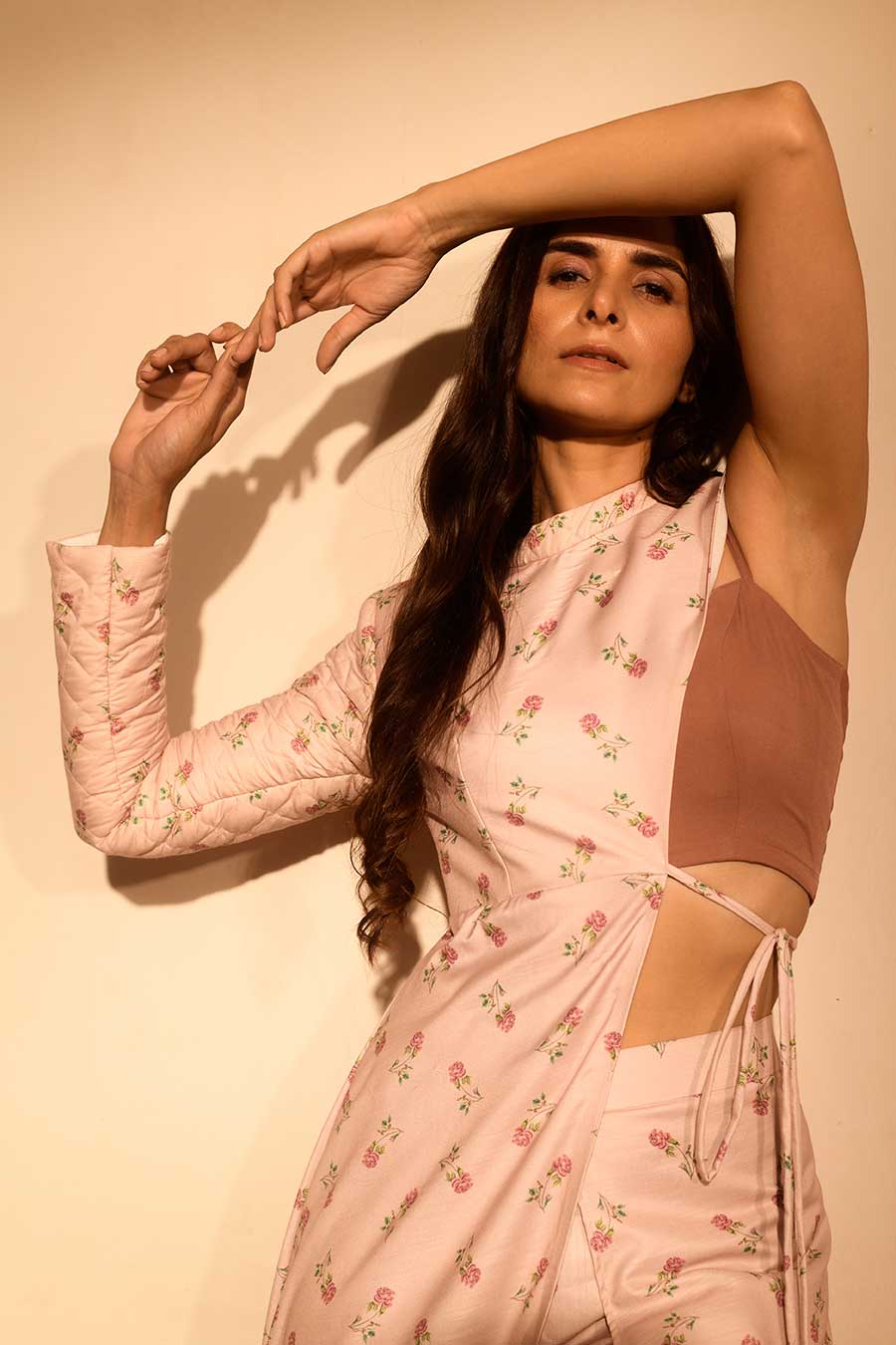 Pink Half Kurta, Bralette & Dhoti Pants Set