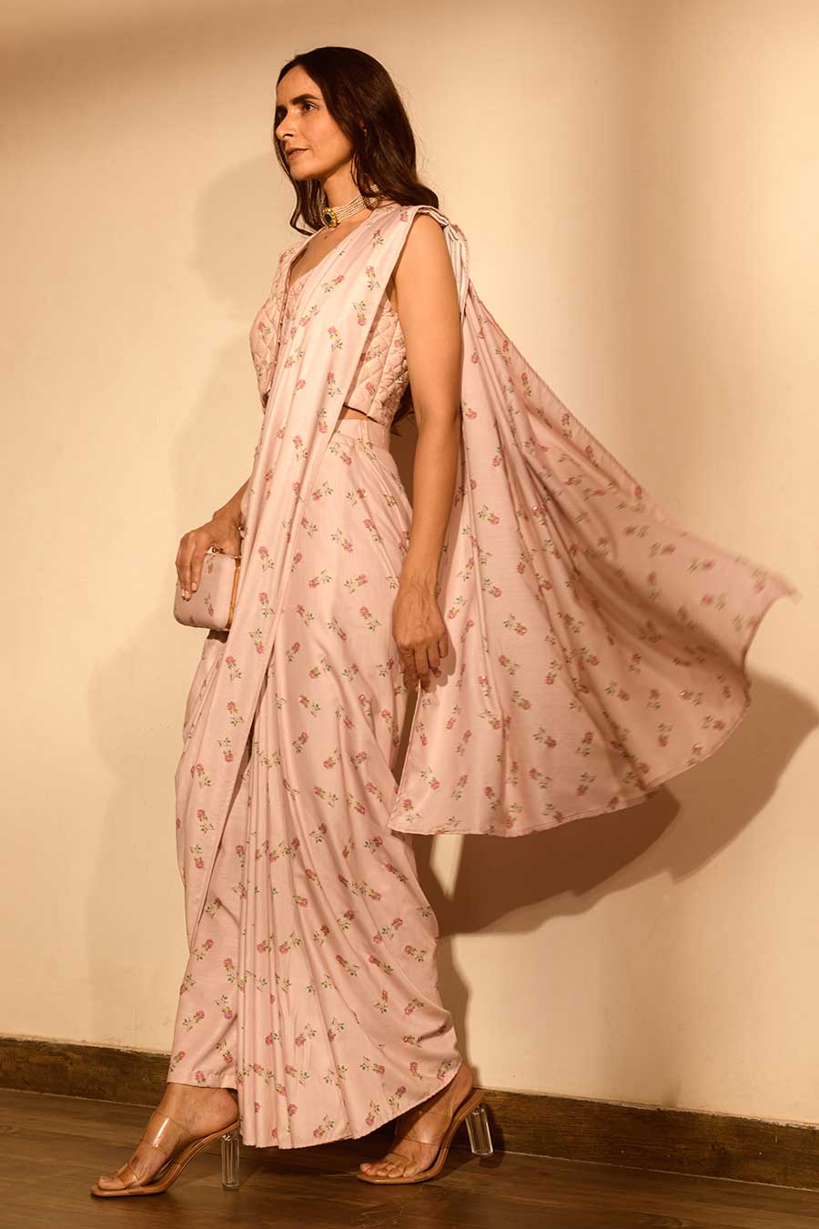 Pink Printed Pant Saree Set