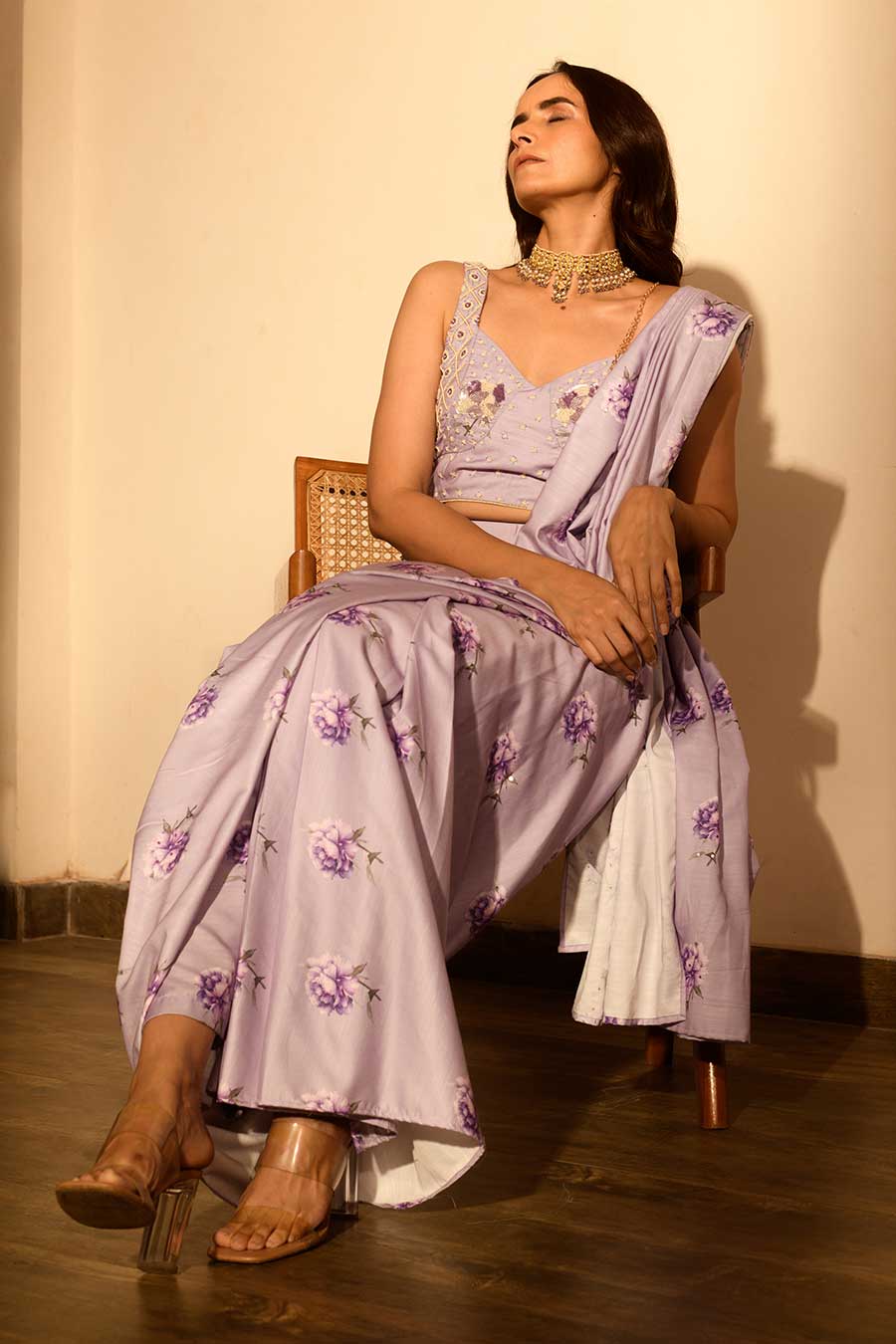 Lilac Sequins Pant Saree Set
