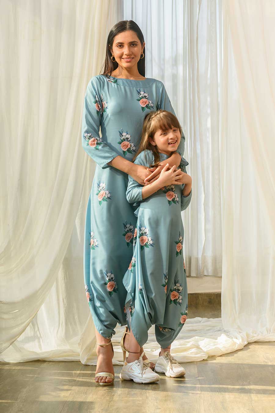 Mother Daughter Teal Dhoti Jumpsuit