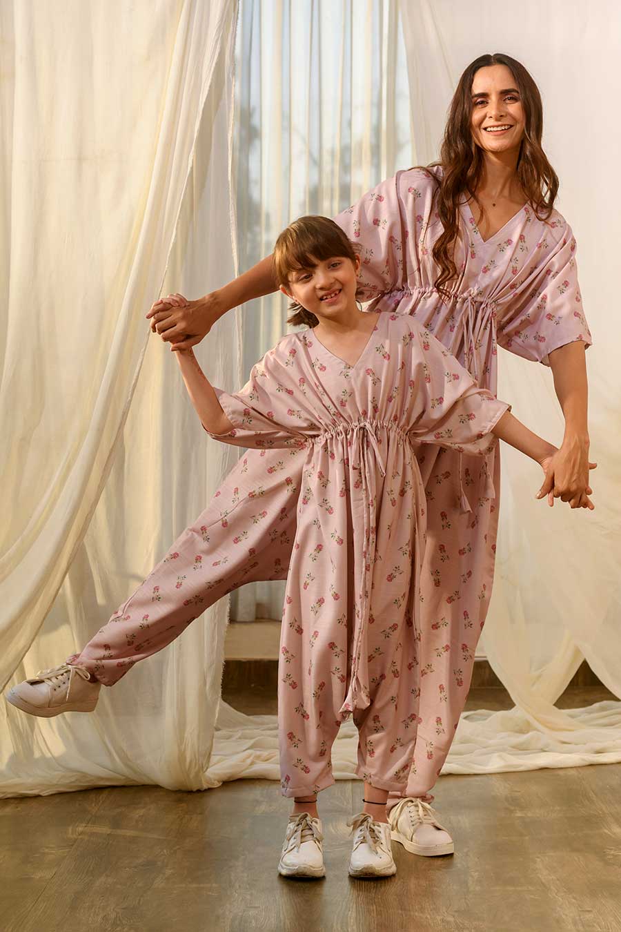 Mother Daughter Pink Kimono Dhoti Jumpsuit