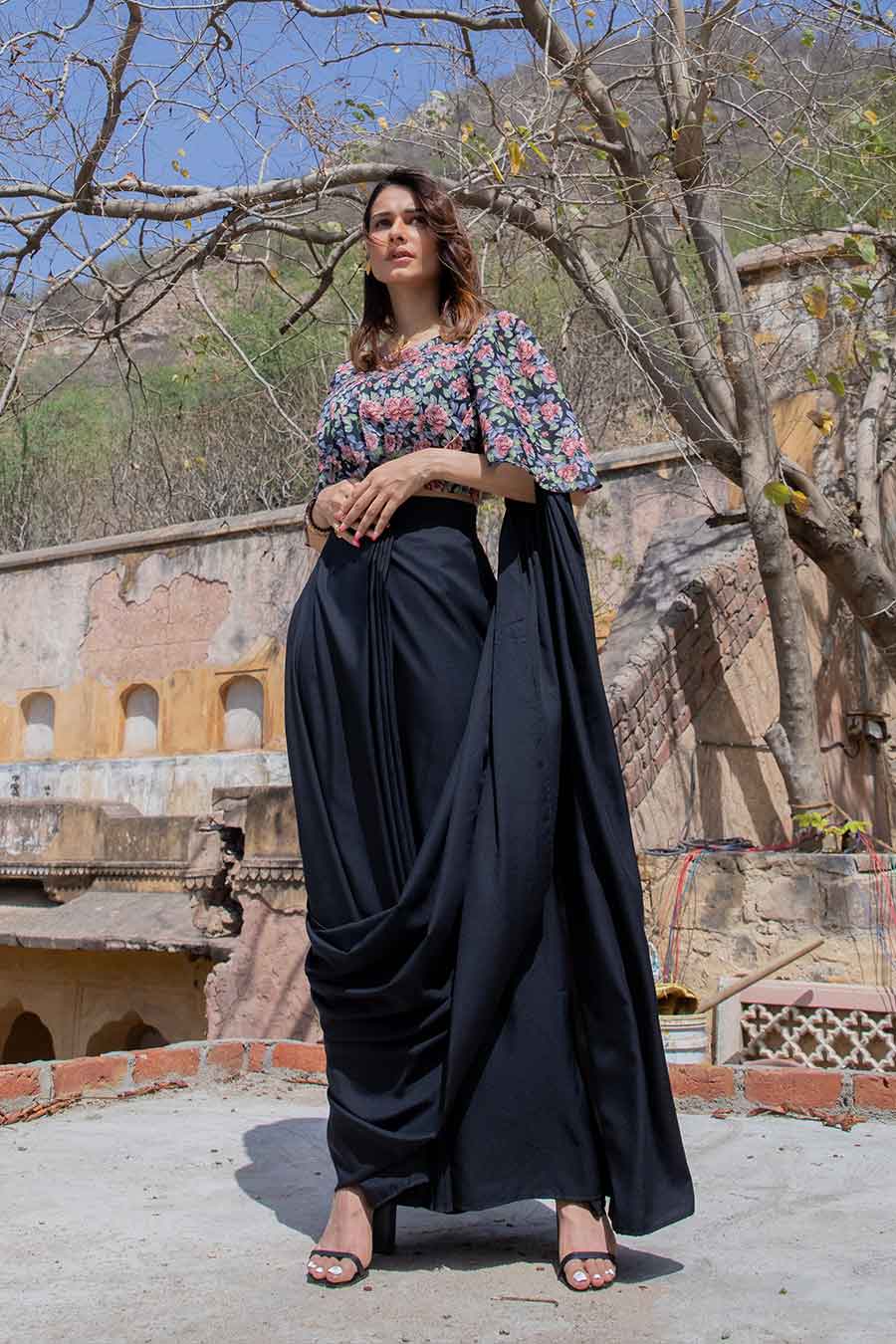 Iris Black Pre-Stitched Saree & Top Set