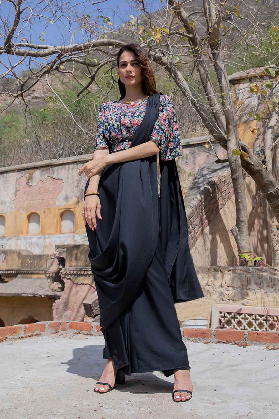 Iris Black Pre-Stitched Saree & Top Set