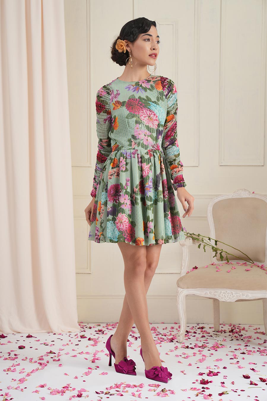 Green Floral Ruched Dress