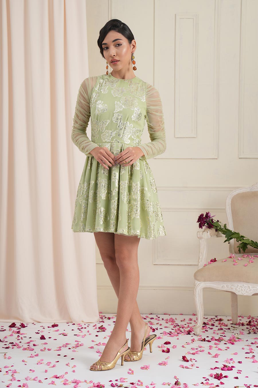 Green Jacquard Ruched Dress
