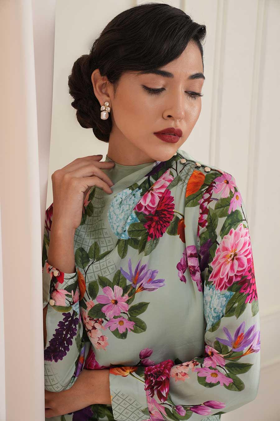 Green Floral Pleated Top