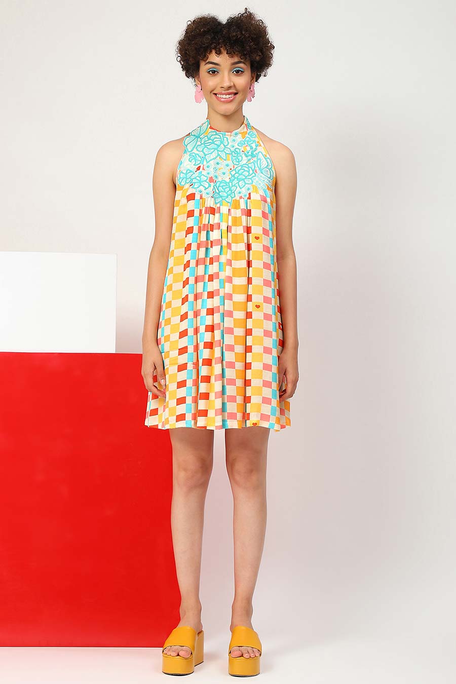 Multicolour Embroidered Halter Dress