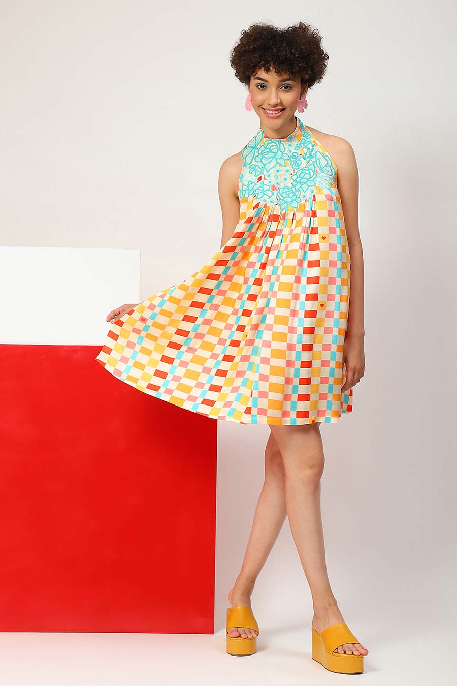 Multicolour Embroidered Halter Dress