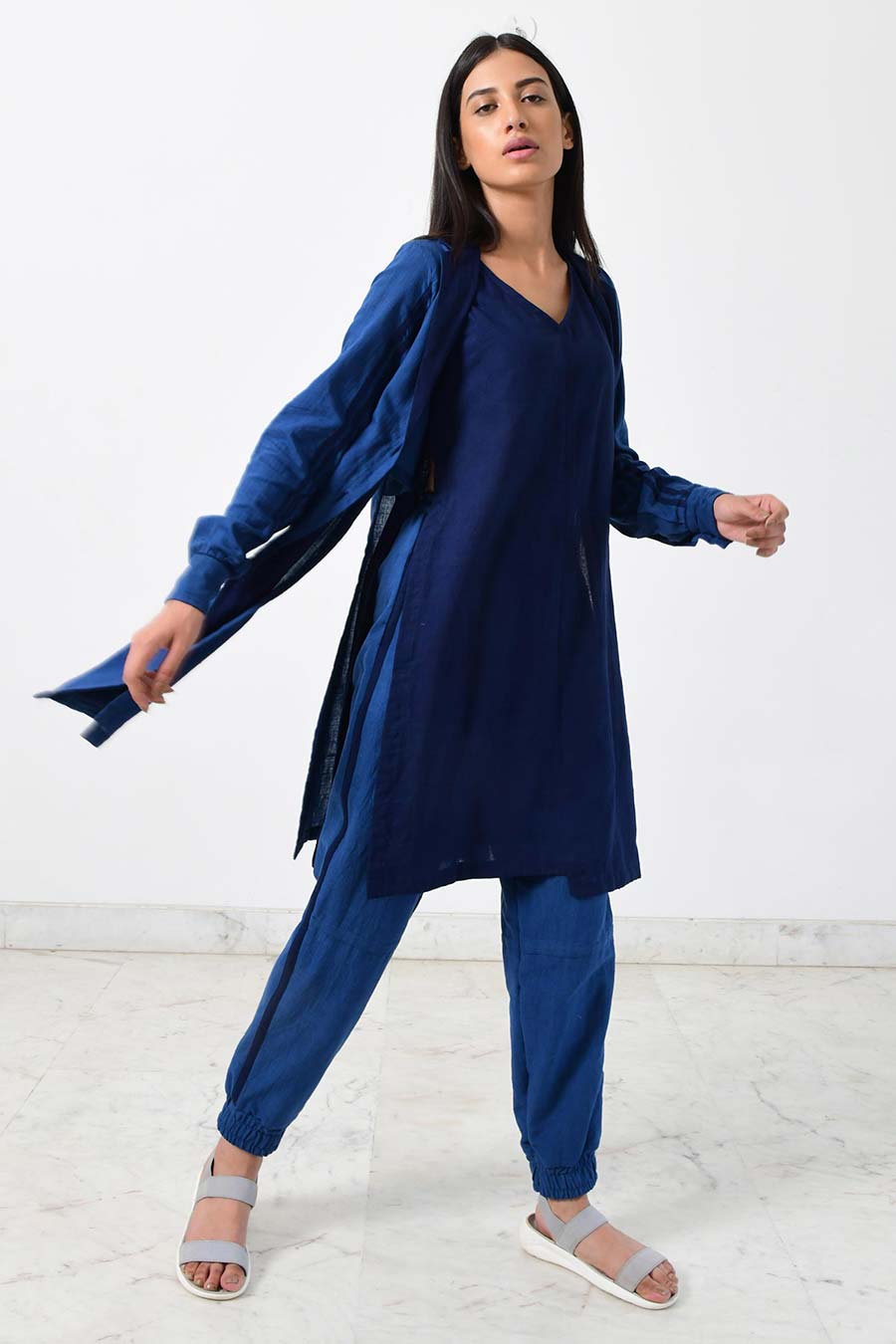 Blue Khadi Co-Ord Set With Jacket