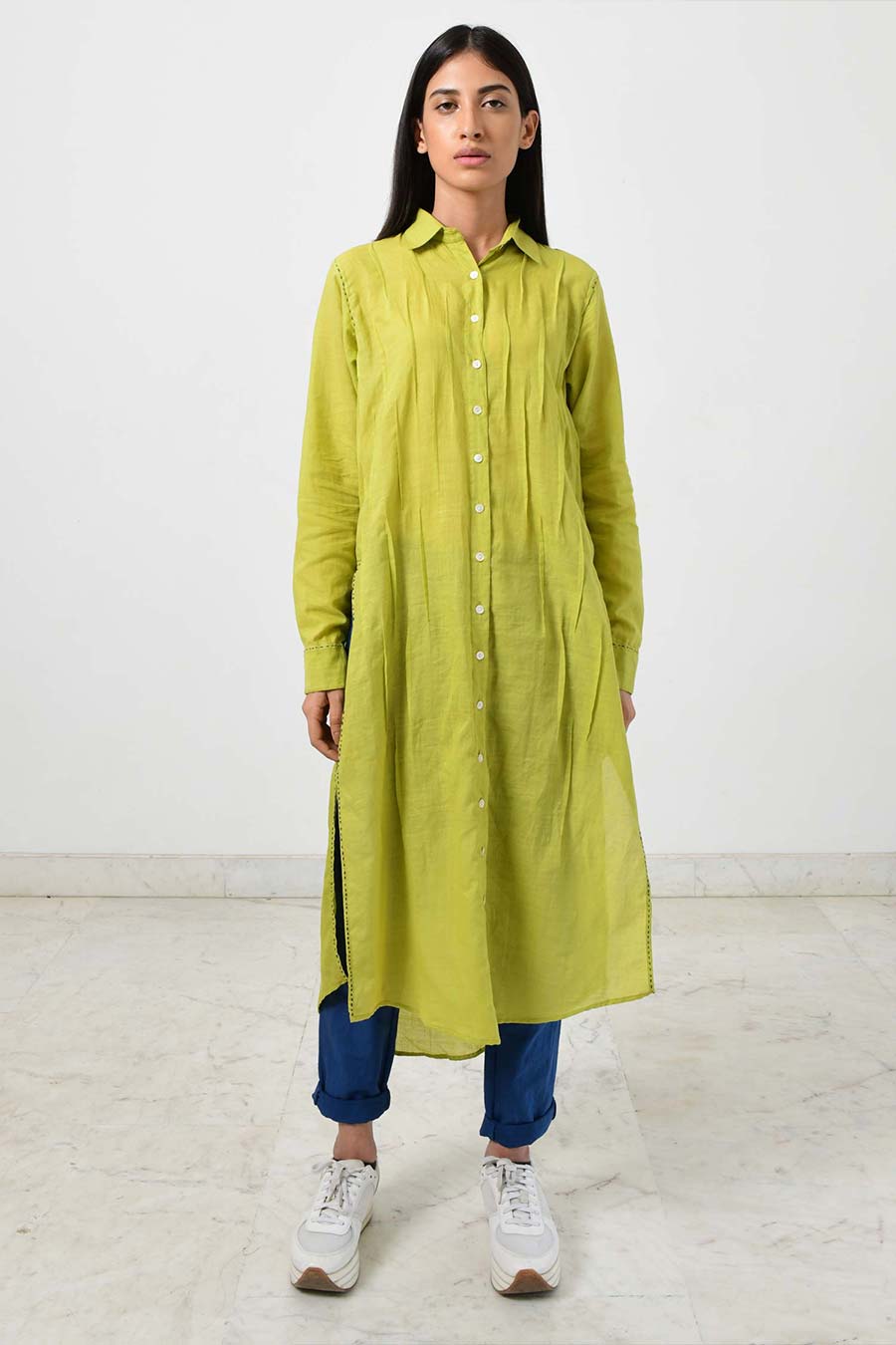 Green Pleated Long Shirt Kurta