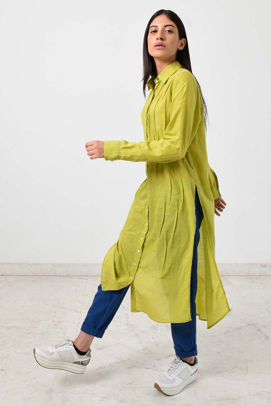 Green Pleated Long Shirt Kurta
