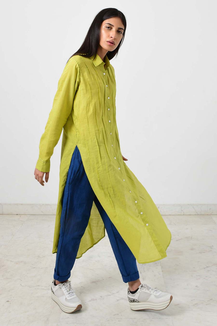 Green Pleated Long Shirt Kurta