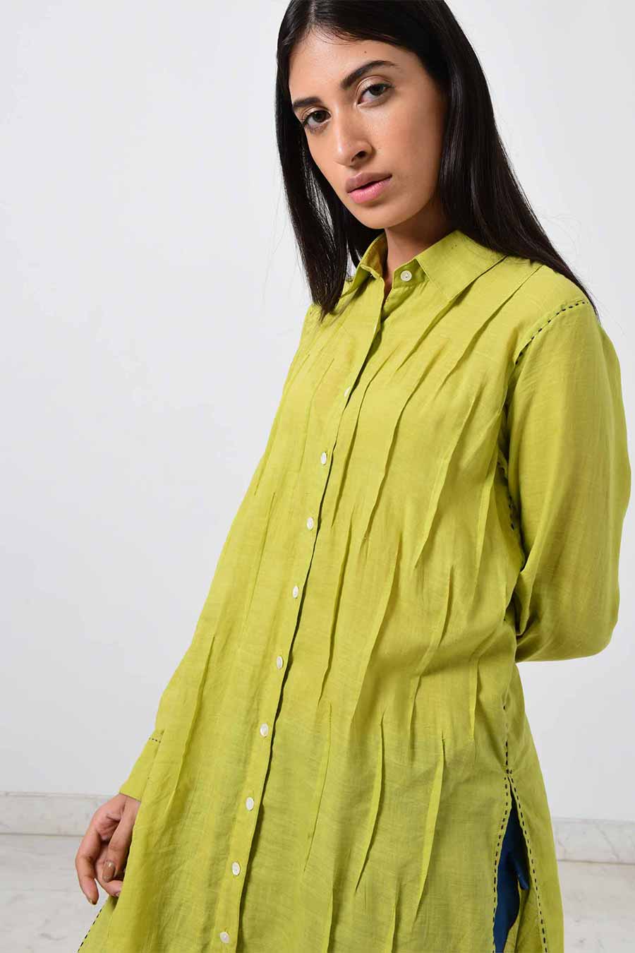 Green Pleated Long Shirt Kurta