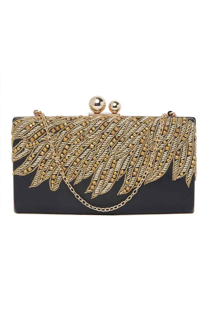 Black Embroidered Leather Clutch