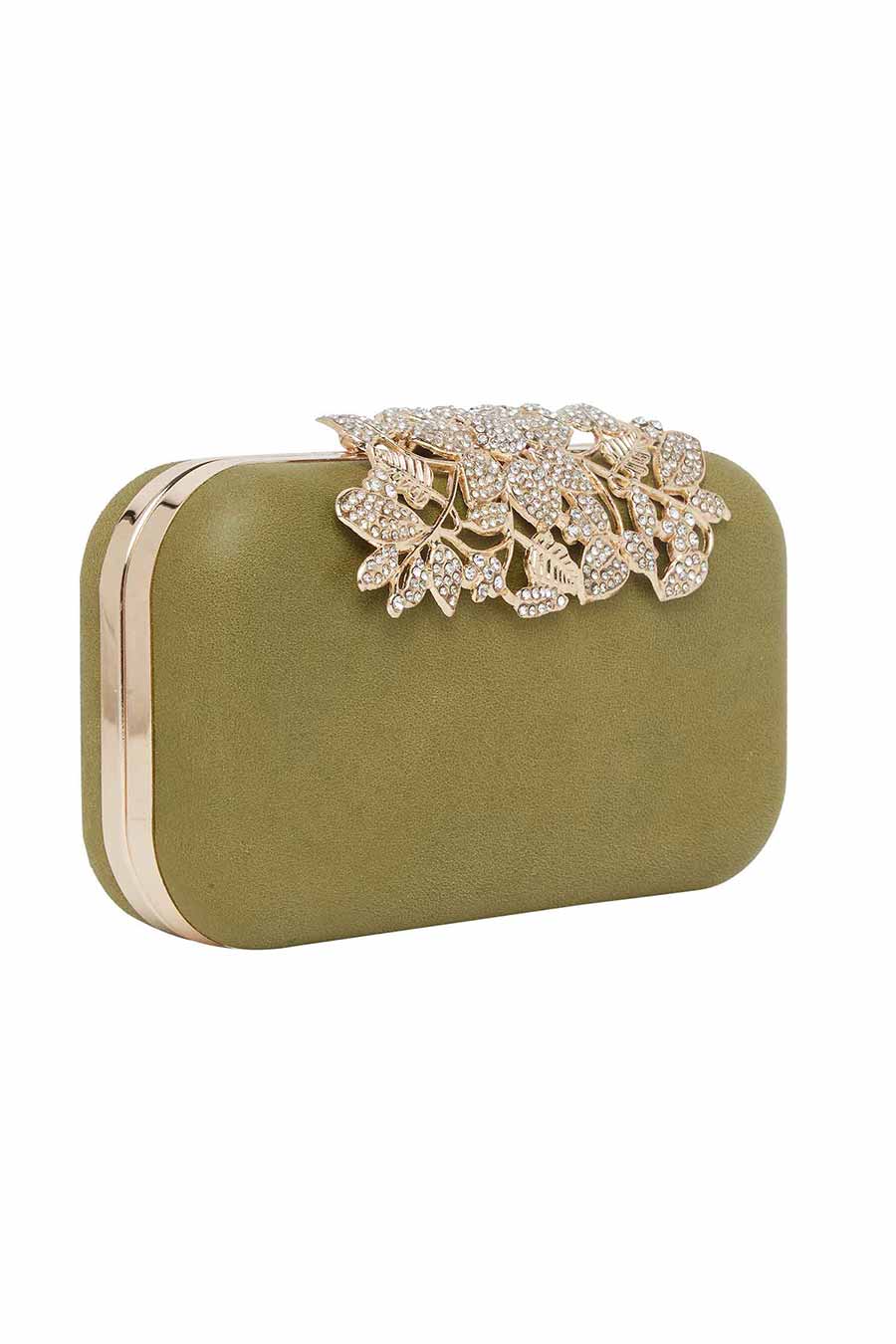 Green Bejewelled Leather Clutch