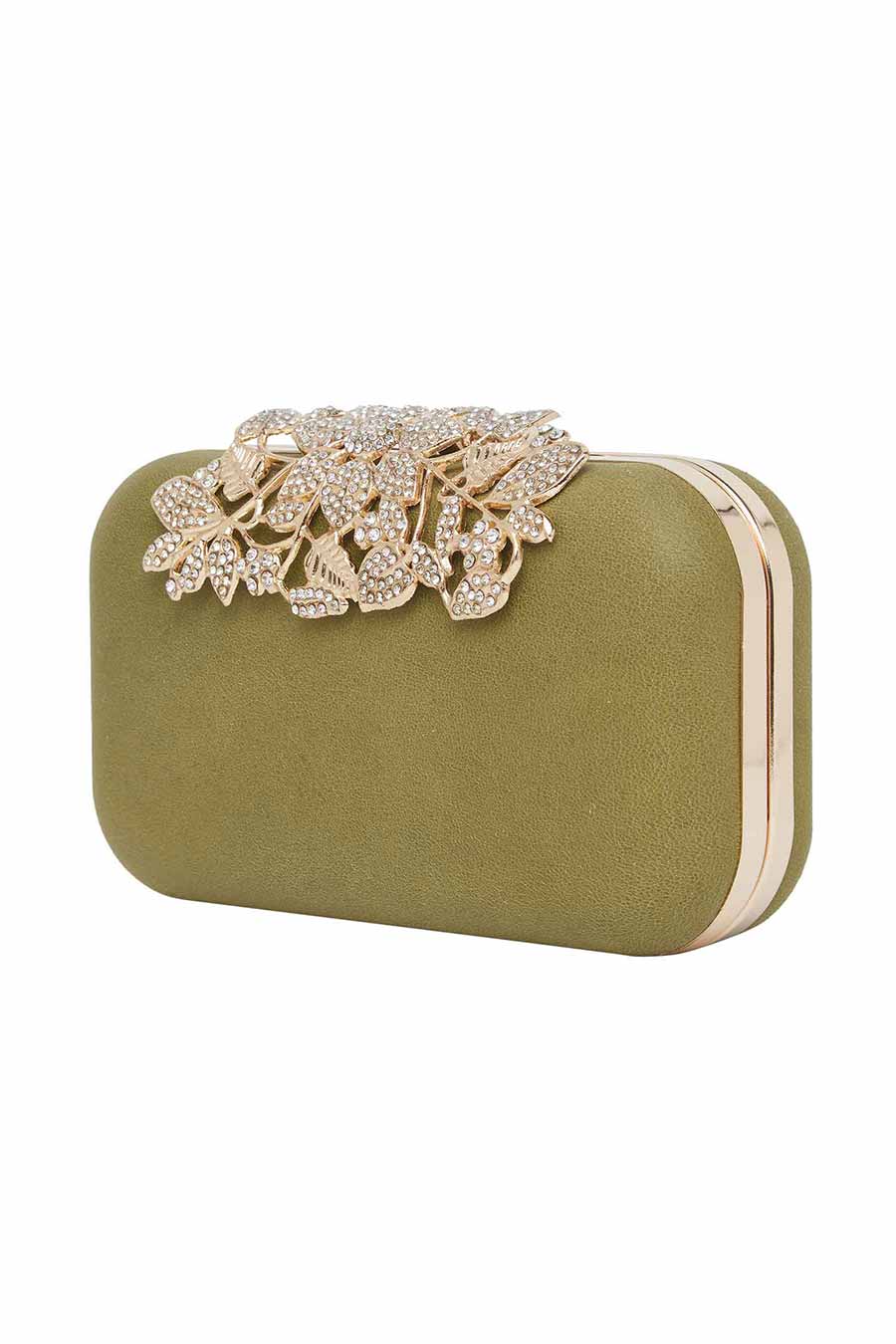 Green Bejewelled Leather Clutch