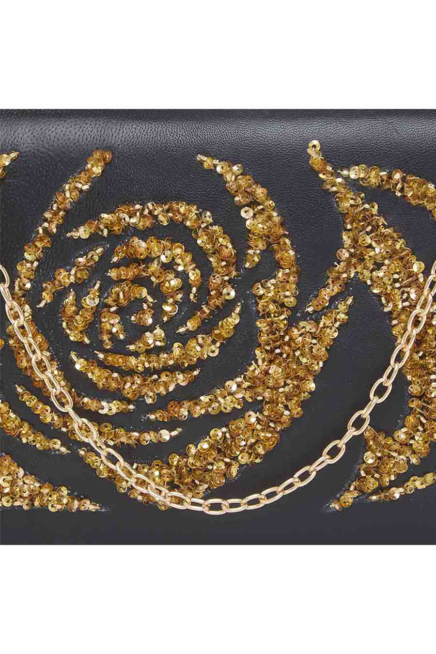Black Leather Clutch With Gold Rose
