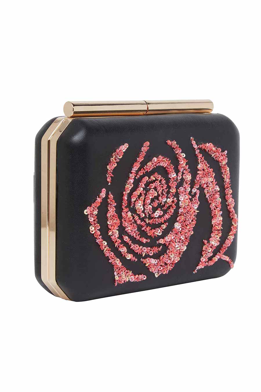 Black Leather Clutch With Pink Rose