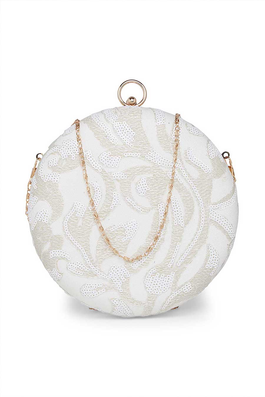 White Embroidered Round Clutch