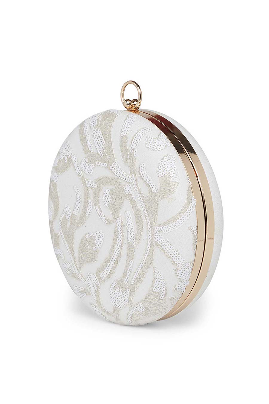 White Embroidered Round Clutch
