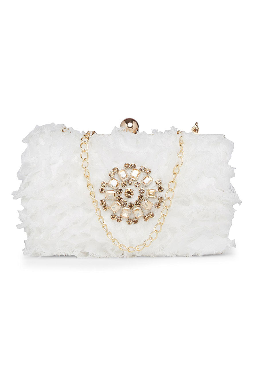 White Fluffy Embroidered Clutch