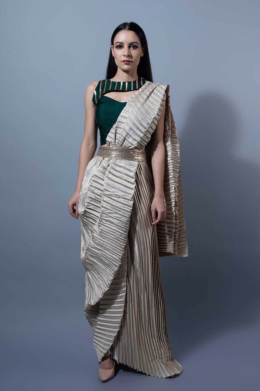 Ivory & Green Silk Drape Saree Set (Set of 2)