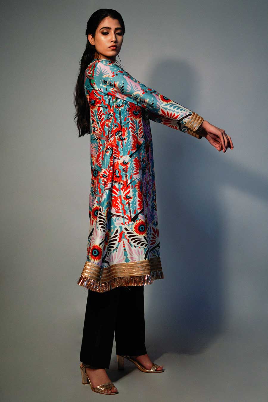 Blue Printed & Embroidered Chanderi Kurta