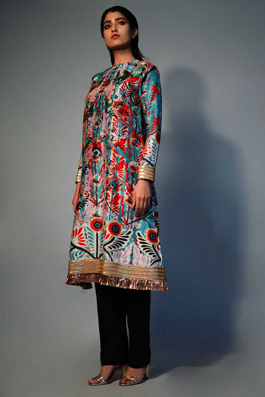 Blue Printed & Embroidered Chanderi Kurta