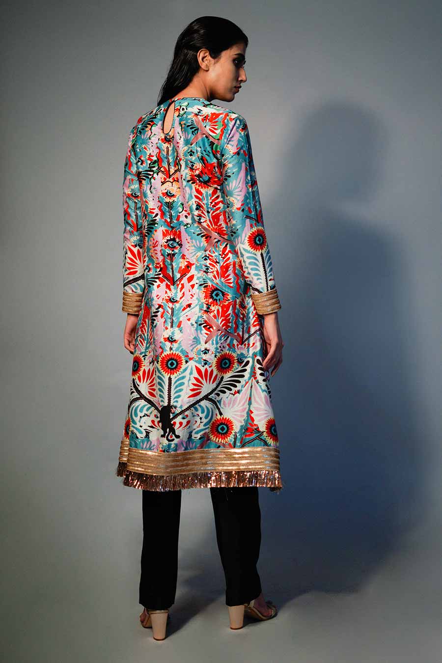 Blue Printed & Embroidered Chanderi Kurta