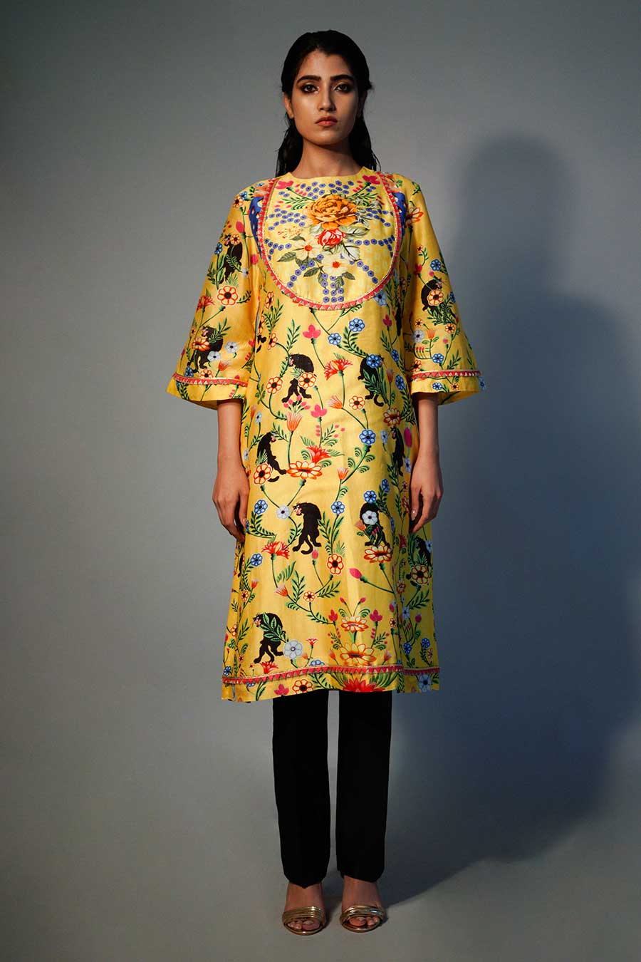 Yellow Printed Chanderi Kurta