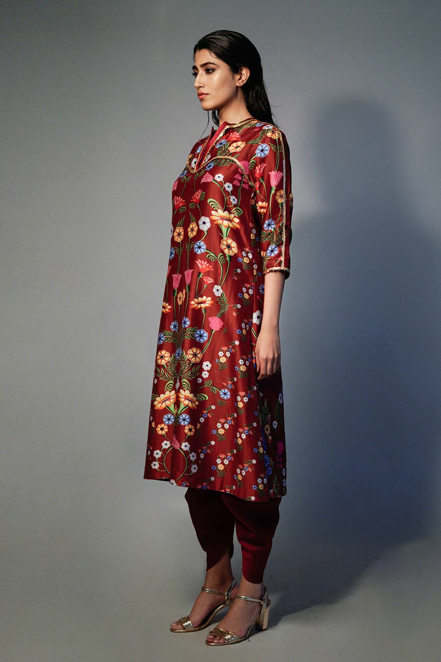 Mehroon Printed Chanderi Kurta