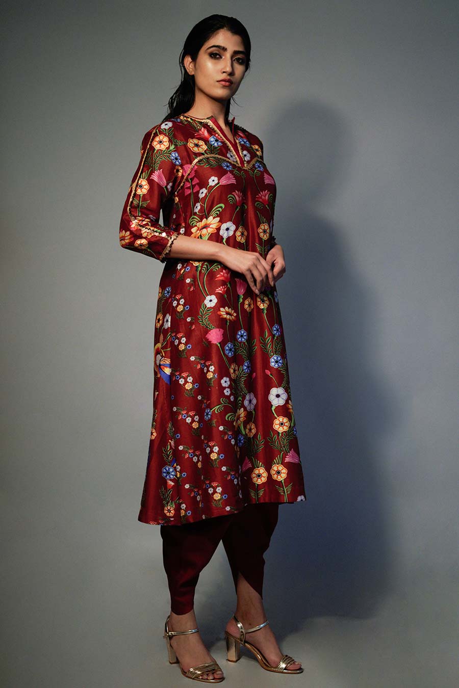 Mehroon Printed Chanderi Kurta