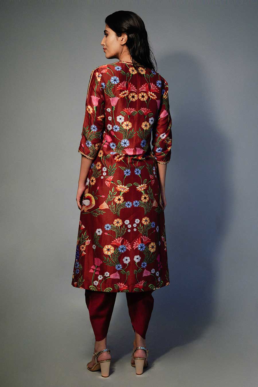 Mehroon Printed Chanderi Kurta