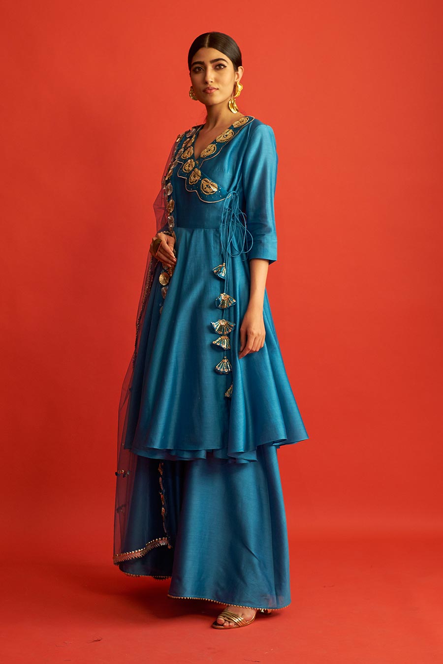 Blue Embroidered Angrakha Kurta Set