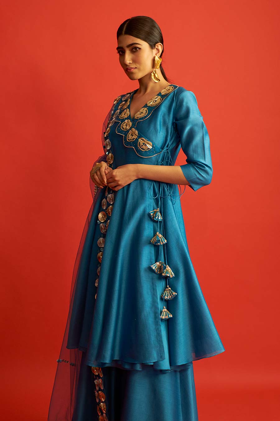 Blue Embroidered Angrakha Kurta Set