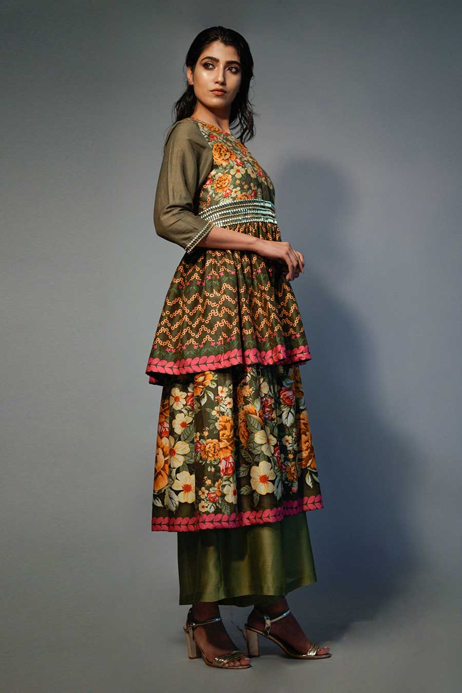 Janaki Olive Printed Layered Kurta Set