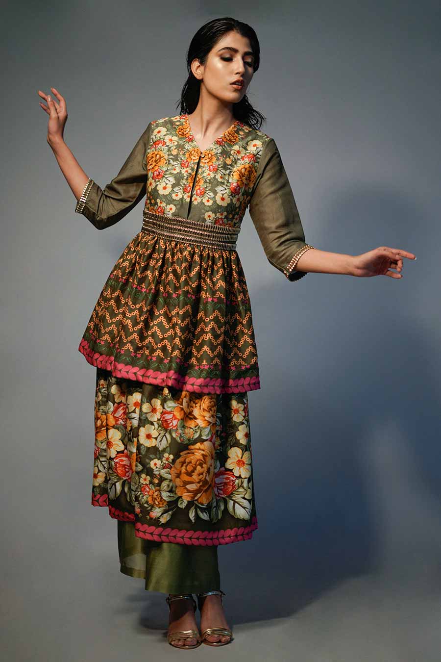 Janaki Olive Printed Layered Kurta Set