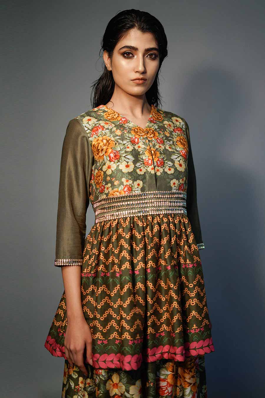 Janaki Olive Printed Layered Kurta Set