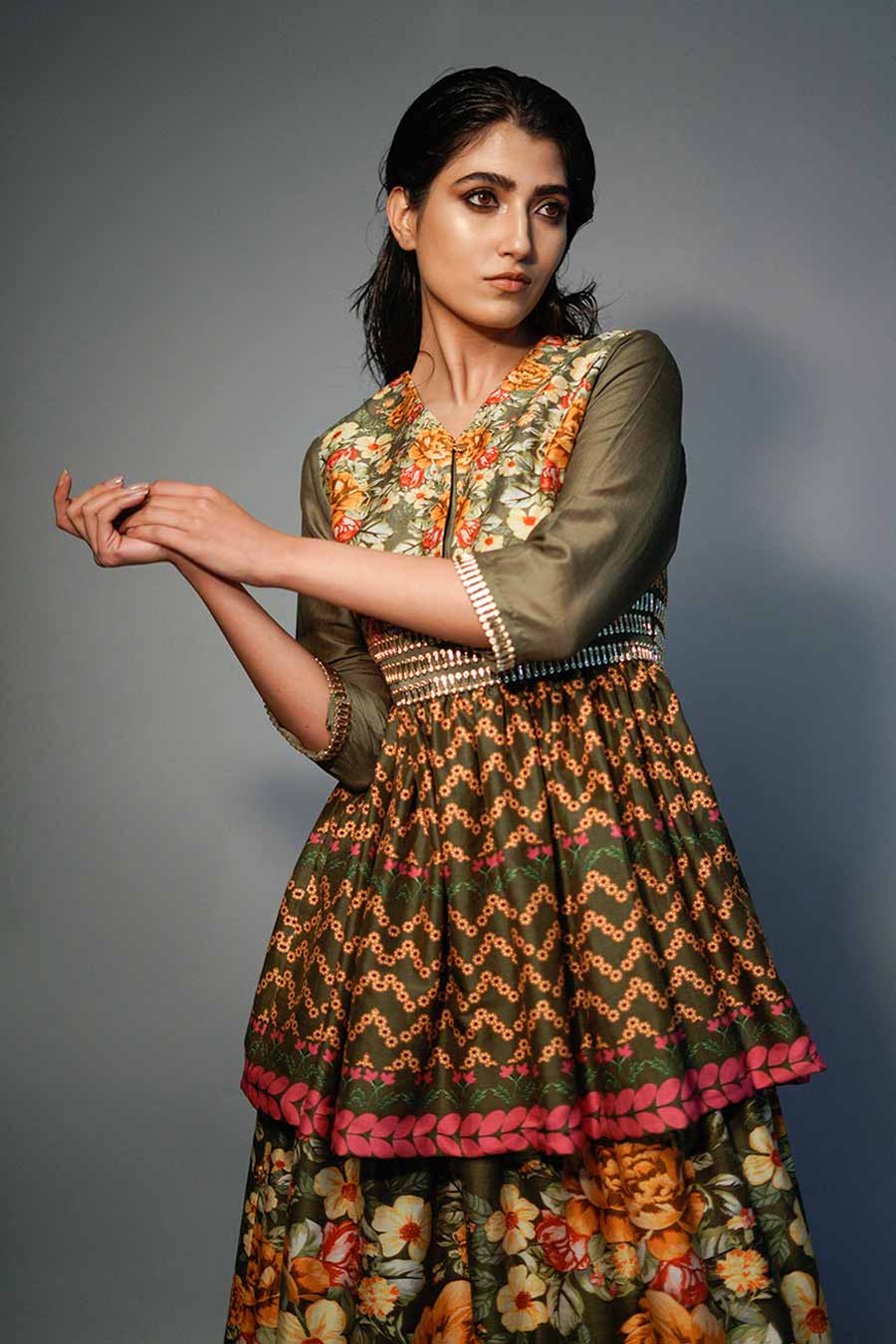 Janaki Olive Printed Layered Kurta Set