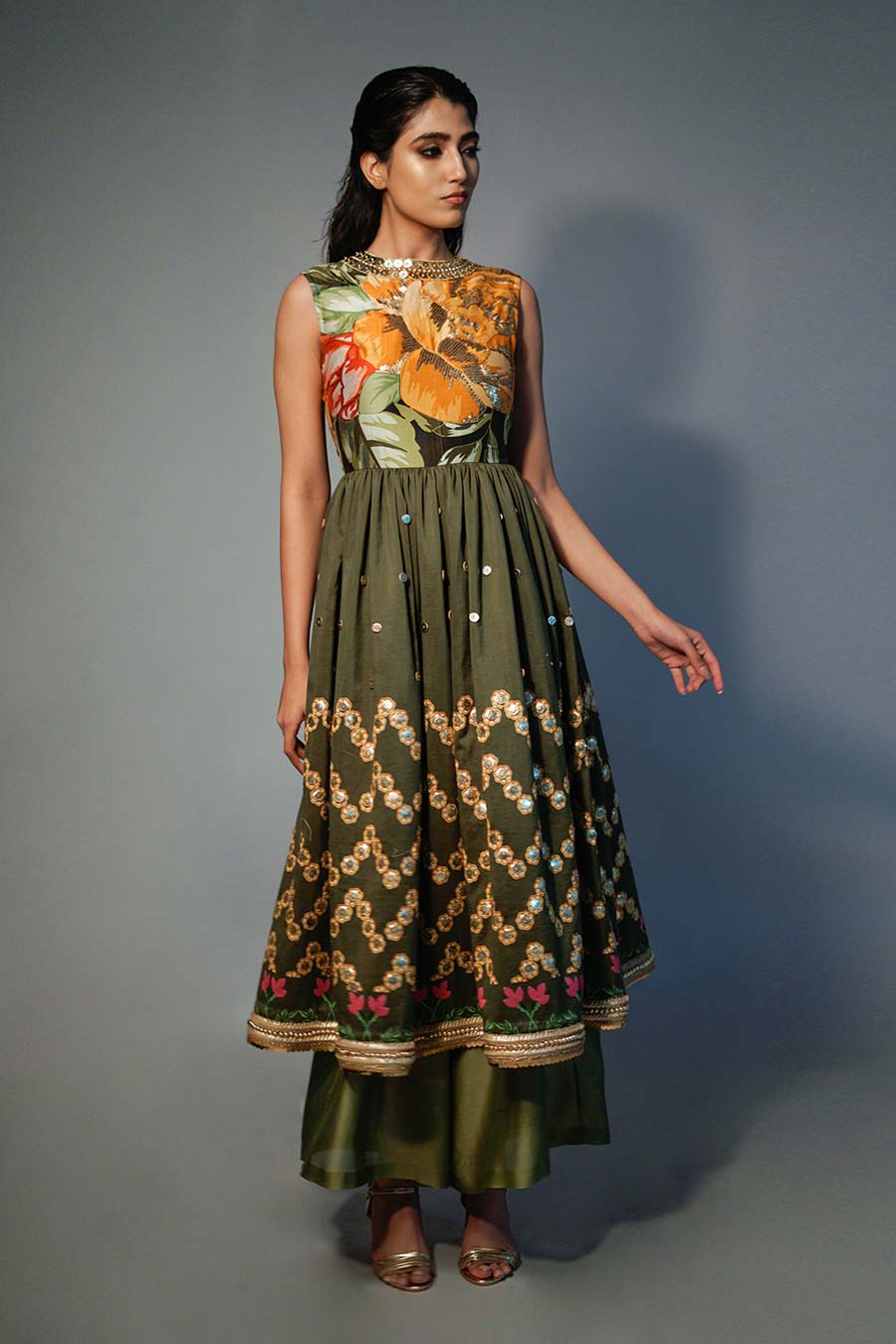 Nimai Earthy Olive Embroidered Kurta Set